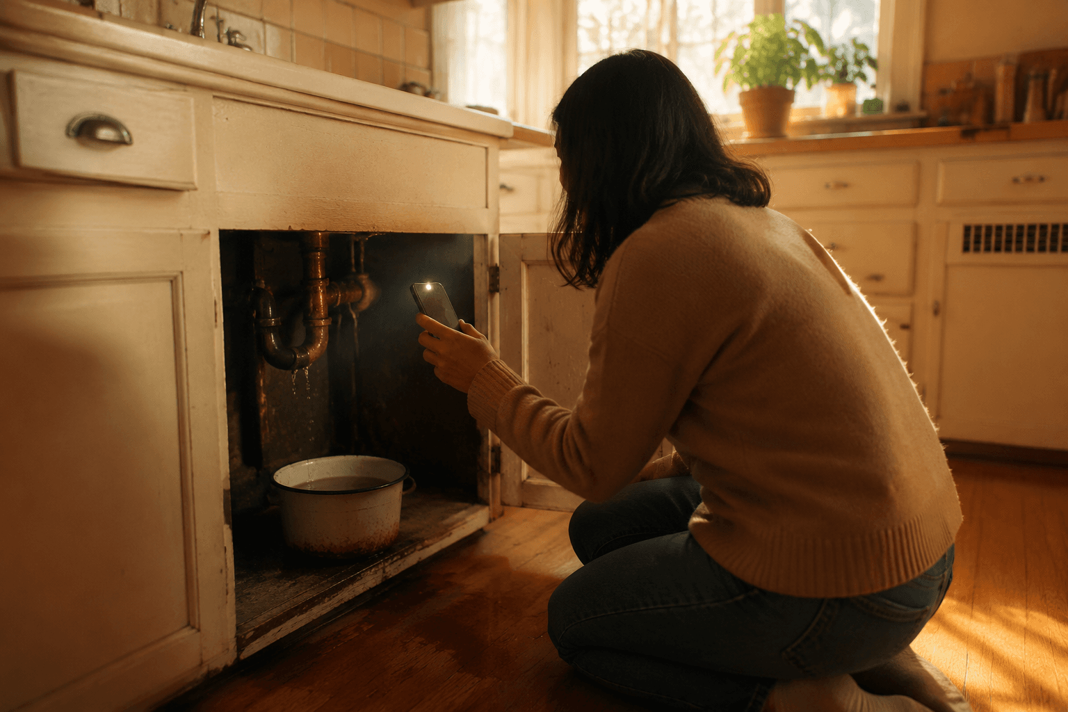 A Los Angeles tenant kneels in front of an open under-sink cabinet, her phone flashlight illuminating a slow plumbing leak, a small enamel bucket catching drips on the hardwood floor