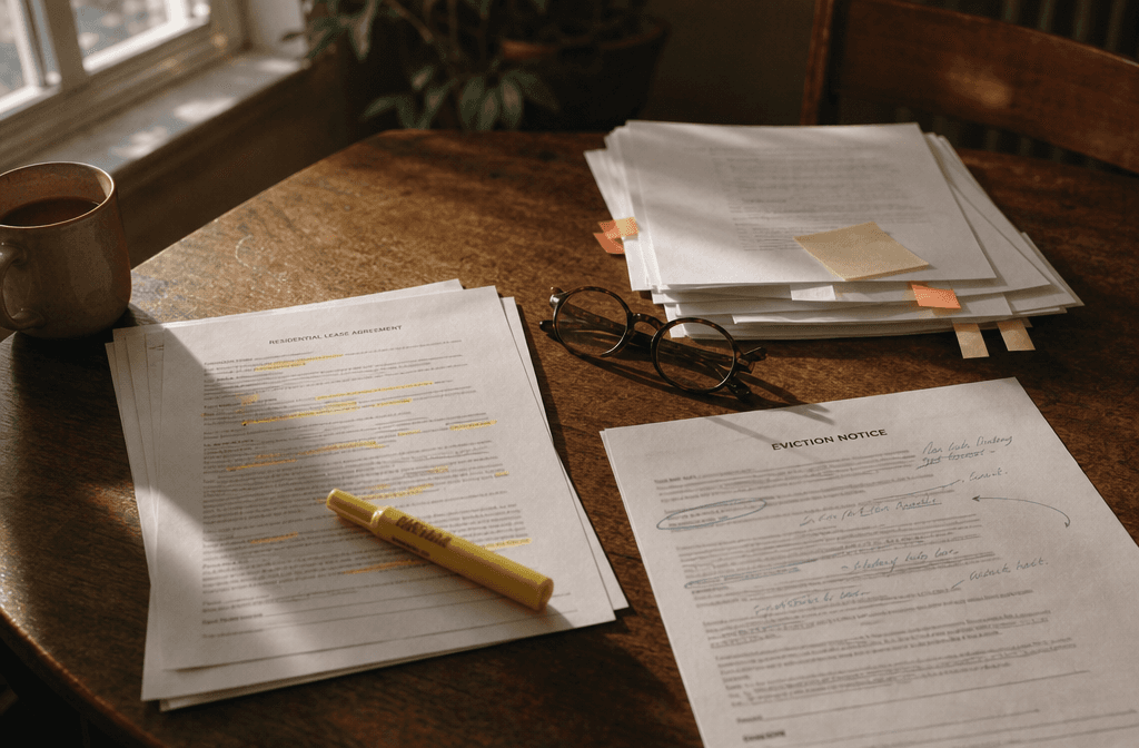 A Los Angeles tenant's kitchen table with a marked-up lease, highlighter, sticky-note flags, reading glasses, and a coffee mug in warm afternoon light