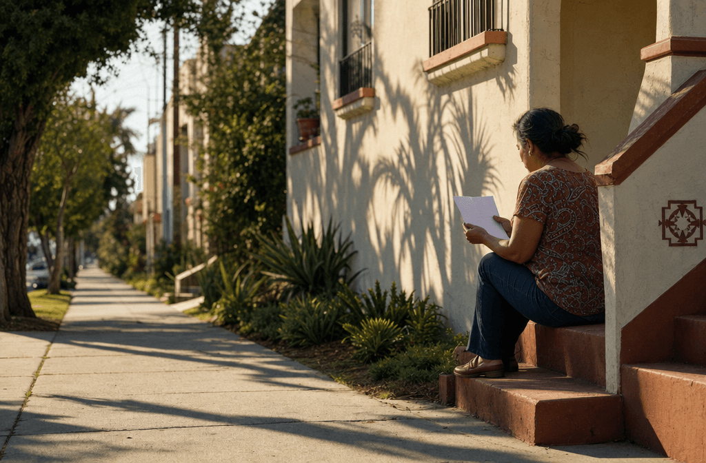 A long-time Los Angeles tenant sits on the front step of her apartment reading a notice