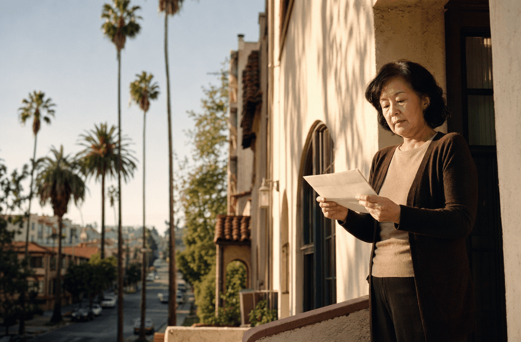 A long-time Los Angeles tenant stands on her apartment balcony reading a notice in warm afternoon light, palm trees and the city beyond