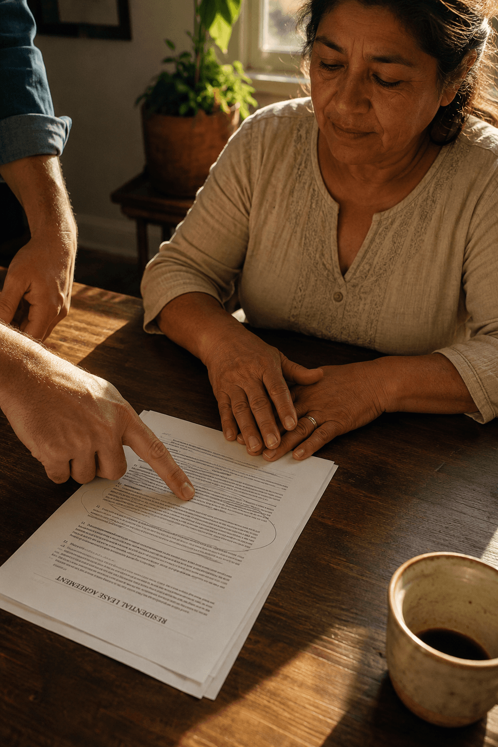 A Latina tenant at her kitchen table, her hands resting on a rental lease agreement while an attorney off-frame points at a circled paragraph — the moment of understanding