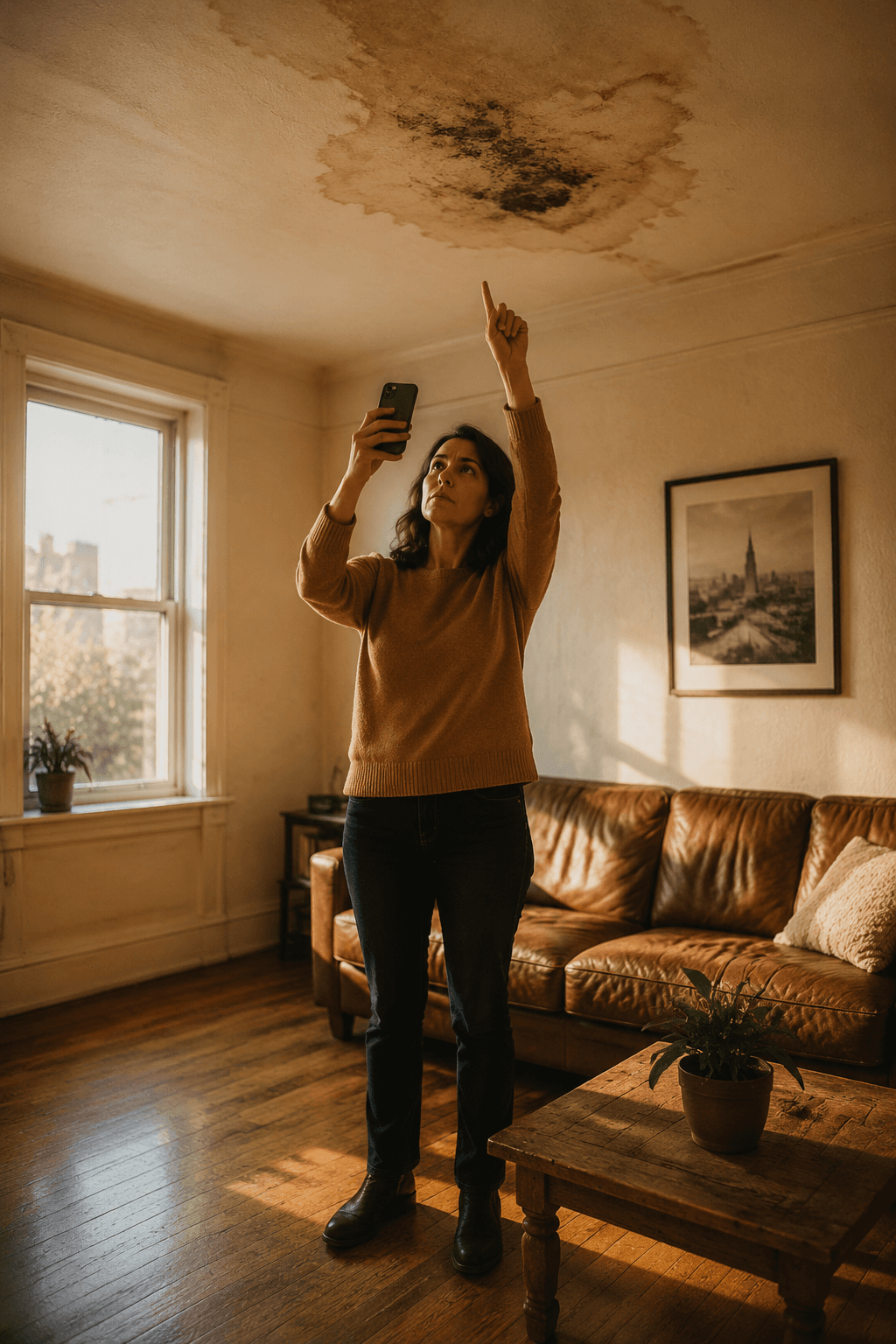 A Los Angeles tenant stands in her apartment living room photographing water damage and mold on the ceiling