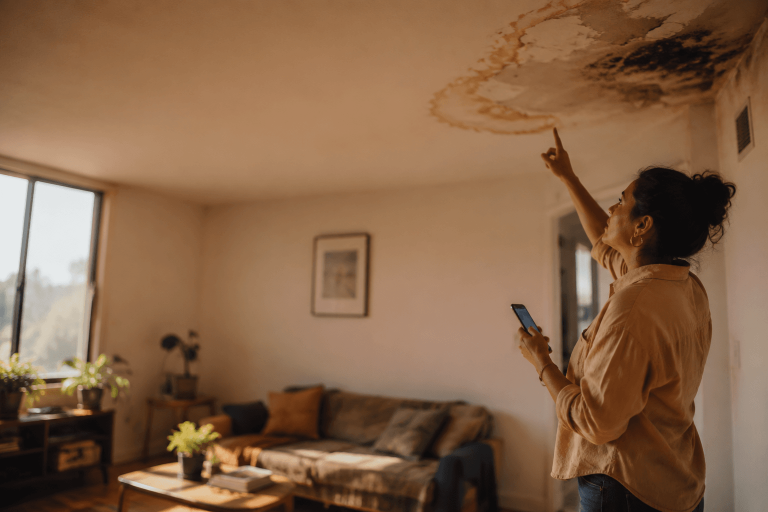 A Los Angeles tenant stands in her apartment living room photographing water damage and mold on the ceiling