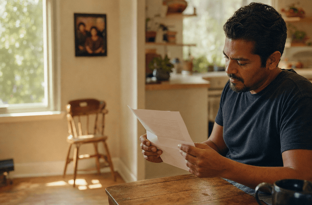 A Los Angeles tenant sits at his kitchen table reading a folded notice in the afternoon light