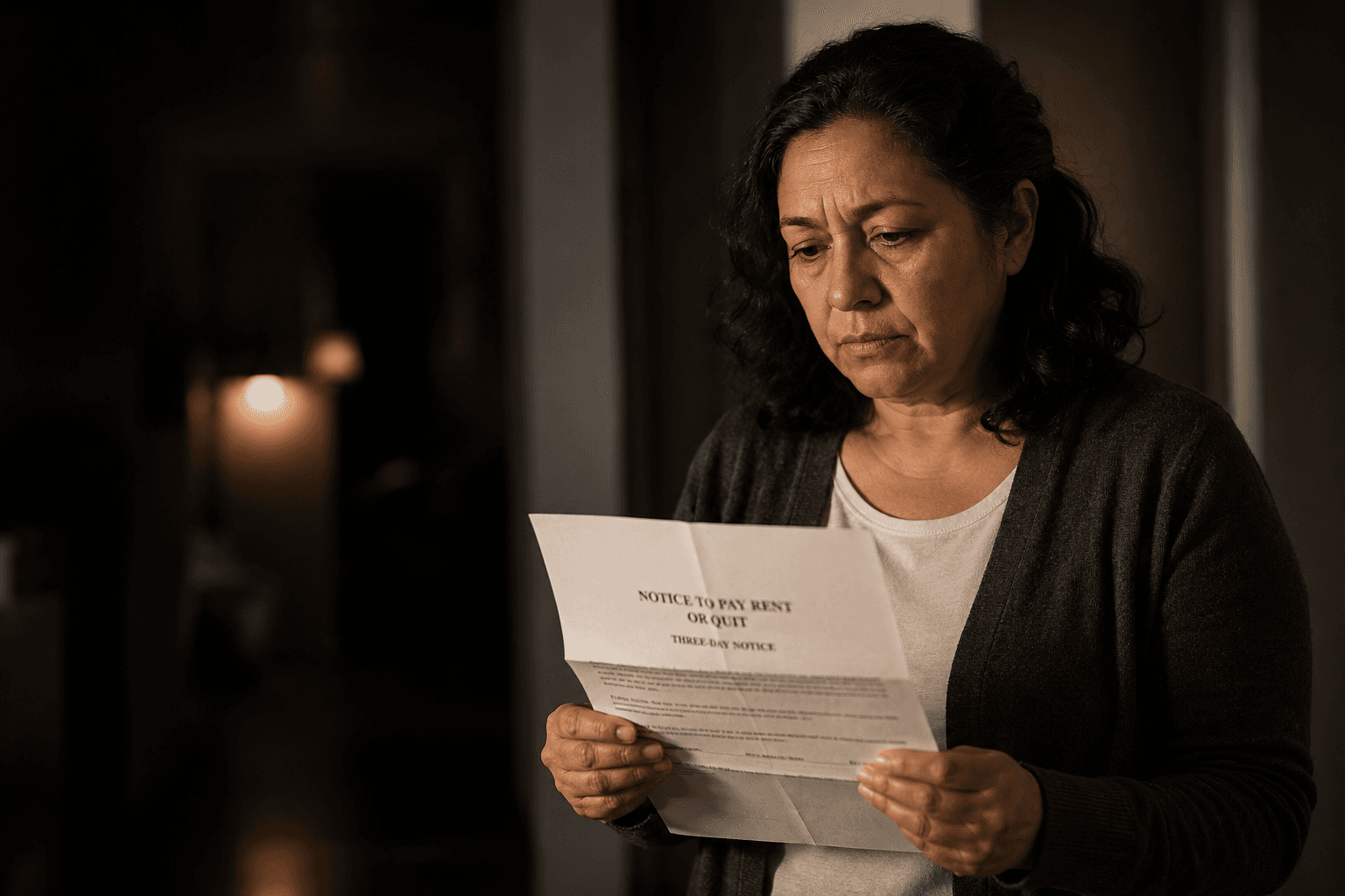 A long-time Los Angeles tenant stands in a dim apartment hallway reading a folded eviction notice, side-lit