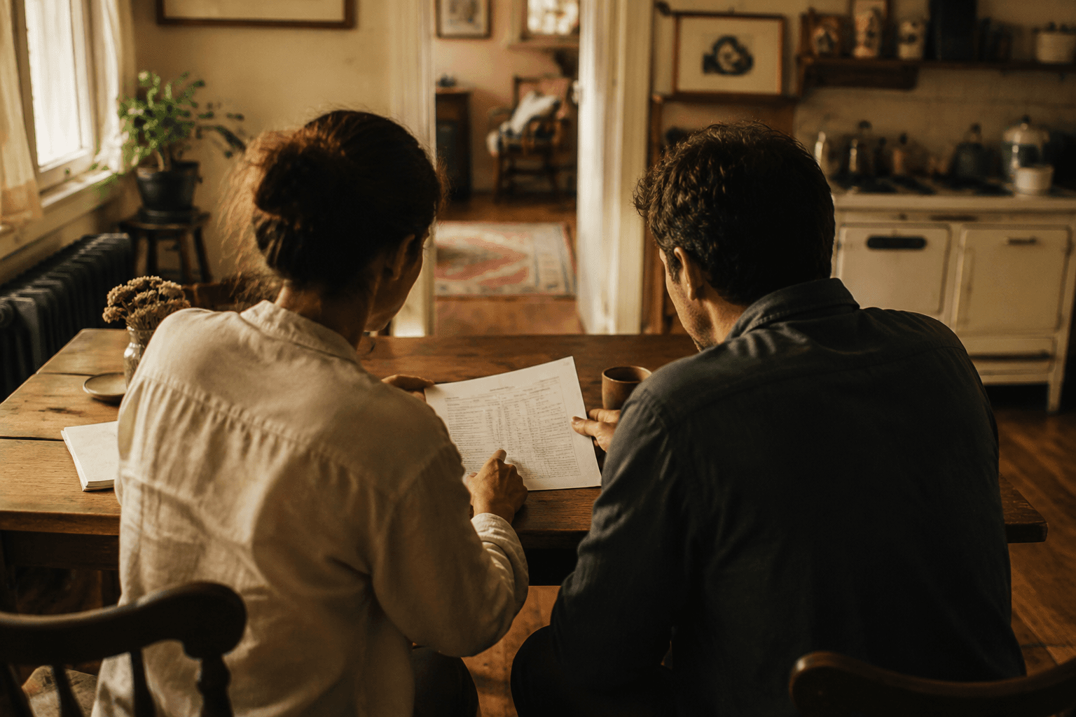 Two Los Angeles tenants sit at a kitchen table reviewing documents together in warm afternoon light